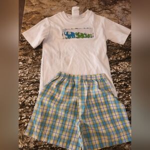 Boys White Tee with Blue & Yellow Plaid Shorts